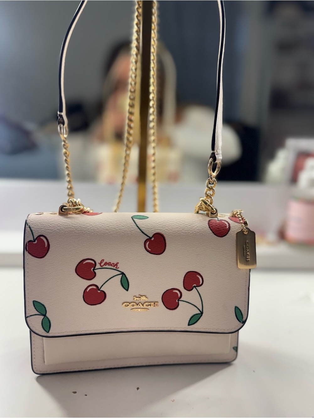 Coach Cream Leather Crossbody with Cherry Print and Gold Chain
